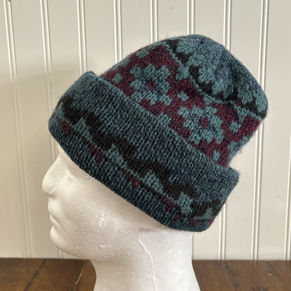 Vintage Wool Fair Isle Beanie Hat Teal Burgundy Nordic Ski Cabin Cottagecore USA